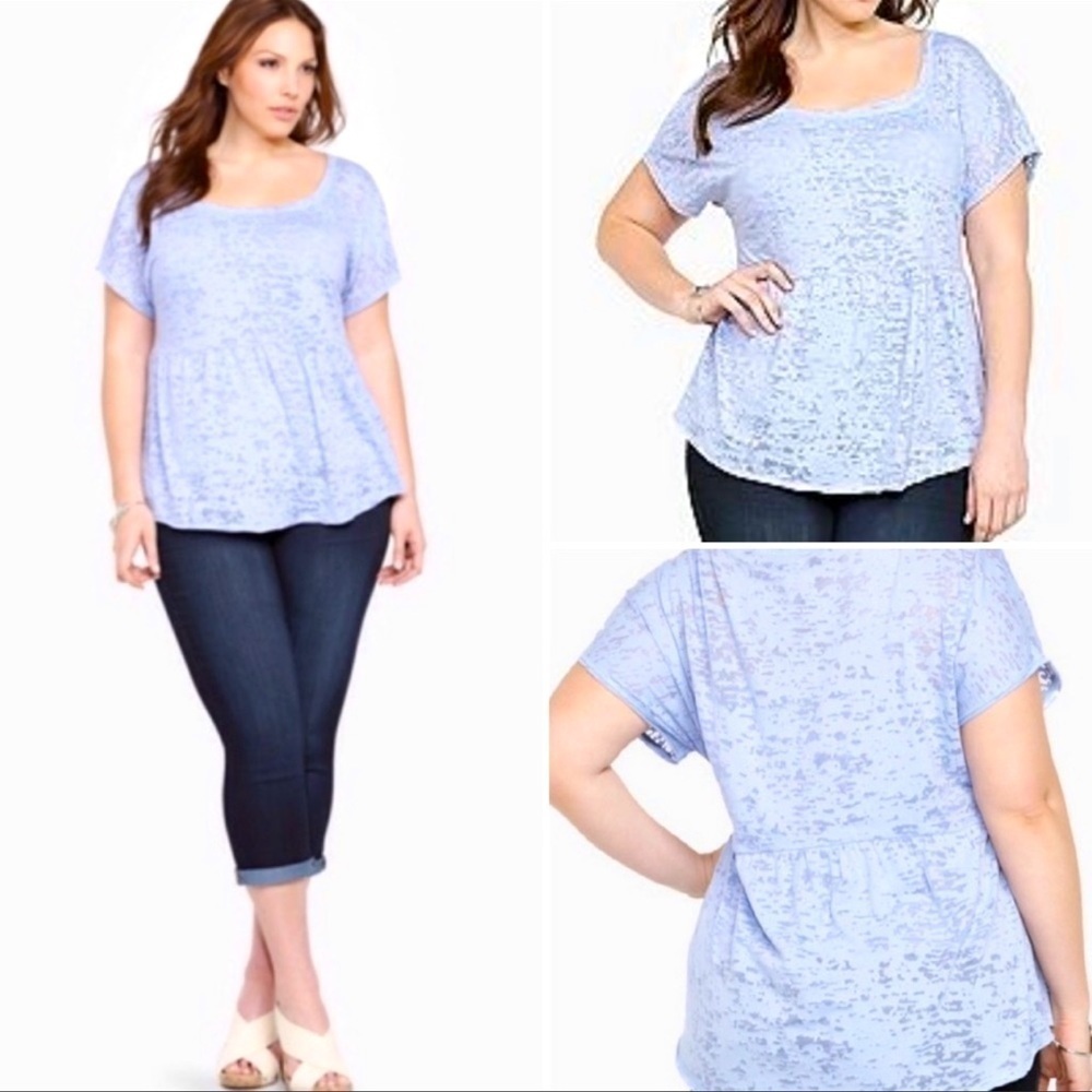 Torrid Peplum Burnout Pattern Tee Blue Raw Edge Size 1X